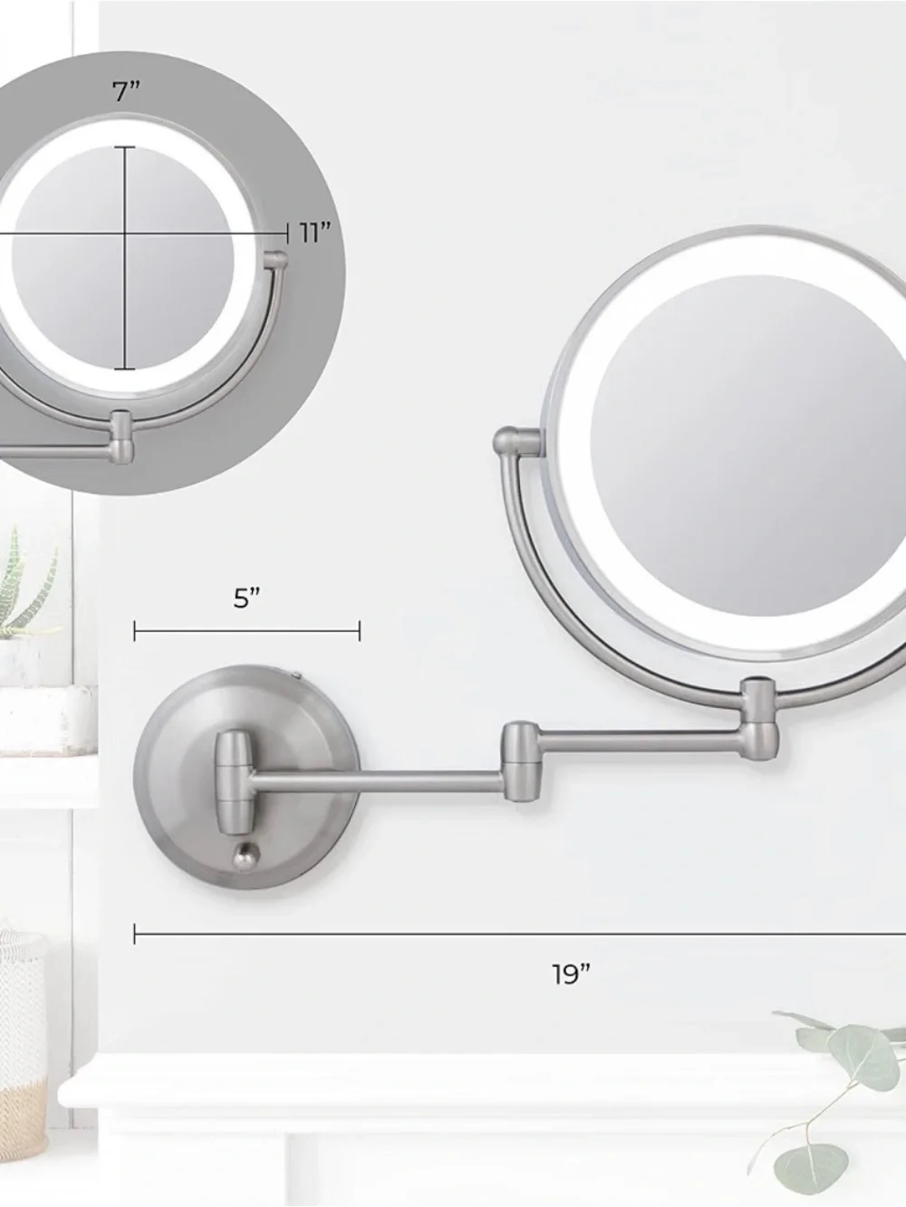 LED Lighted Wall Mirror in Silver — Extendable Swing-Arm Vanity Mirror